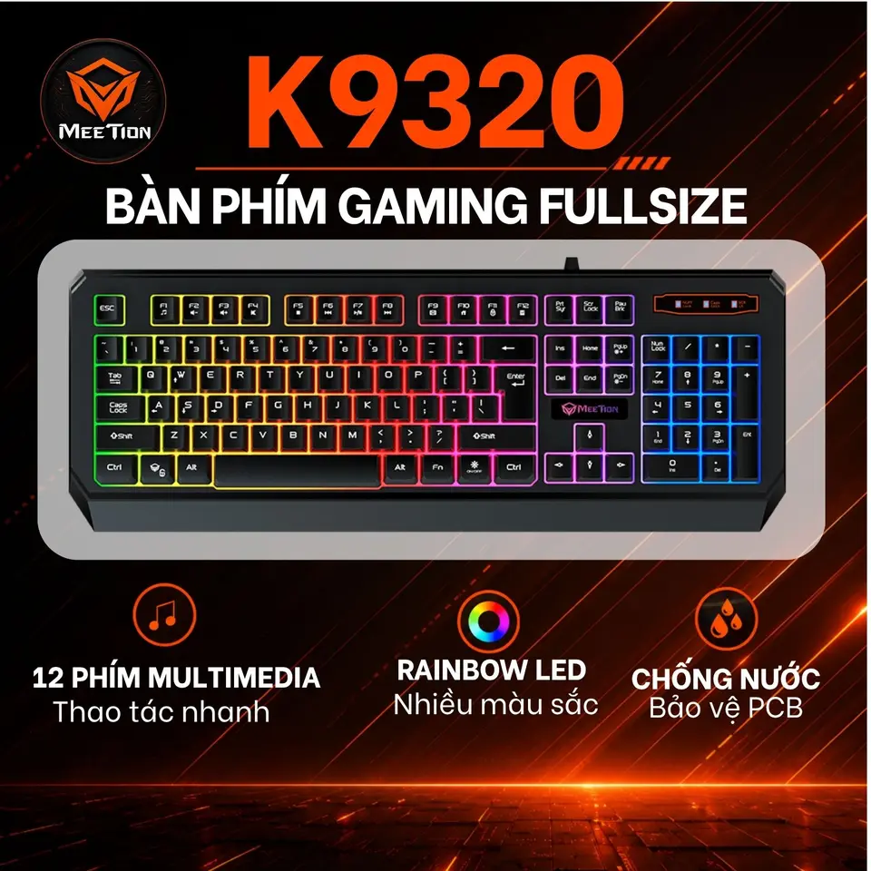 Bàn Phím Gaming Meetion K9320 Fullsize 104 Phím Nút Nhấn Chống Ồn Led Nền Rainbow Thiết Kế Chuyên Game