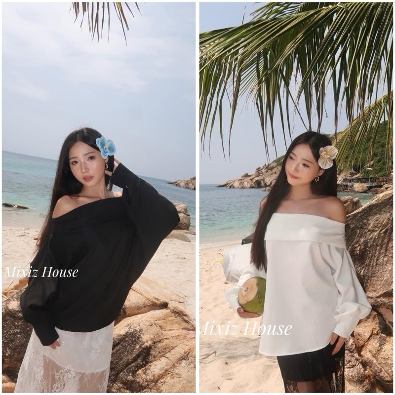 Áo trễ vai tay dài hai màu trắng đen mặc được hai kiểu phong cách thanh lịch sang trọng Mixiz House