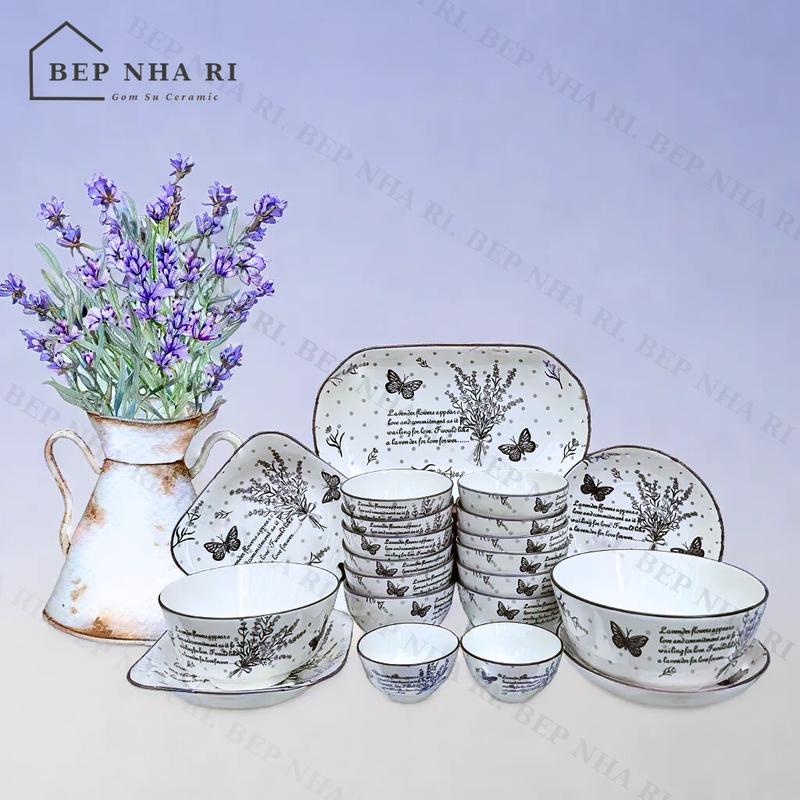 [ BepNhaRi ] Bộ bát đĩa Gốm Sứ họa tiết Hoa Oải Hương Cao Cấp -  decor trang trí bàn ăn Gia Đình