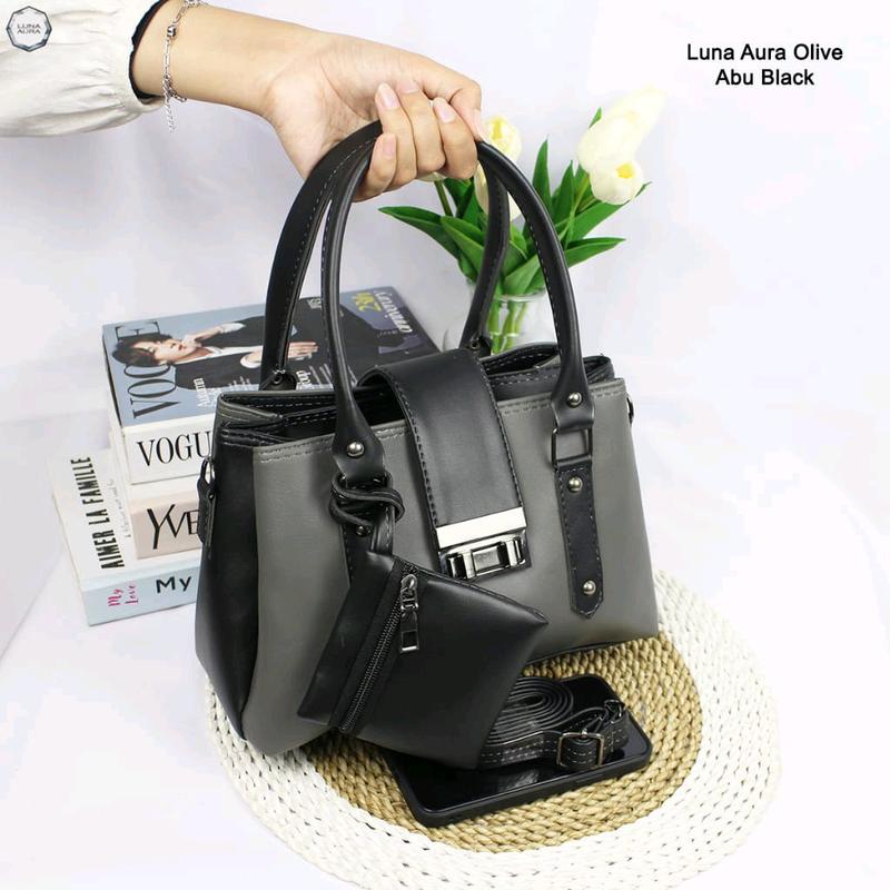 Tas Selempang Jinjing Wanita Olive 3 Ruang Polos Free Dompet Koin Luna Aura 1