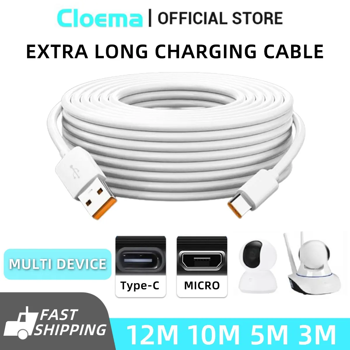 3M 5M 10M 12M Type C/Micro USB Android Charging Cable for IP Camera CCTV Black Red White Wire kabel  android kabel  data Charger