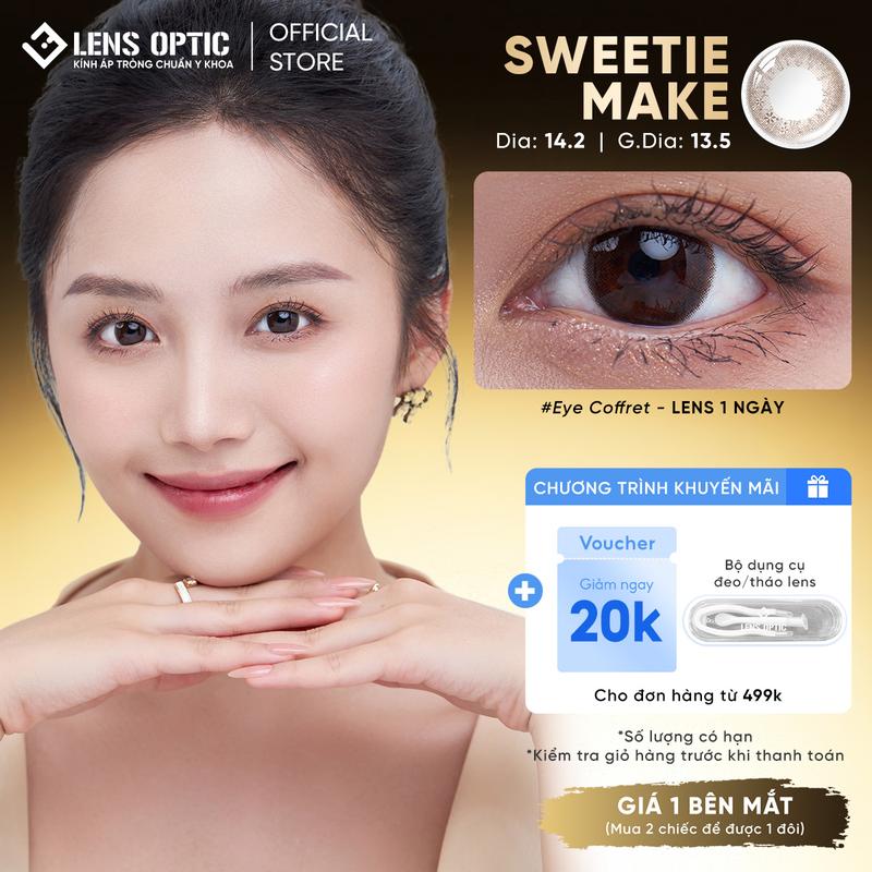 Lens 1 ngày SEED Eye Coffret 1Day UV Sweetie Make 14.2mm lens SEED màu nâu hồng tự nhiên kính áp tròng chống UV - Lens Optic