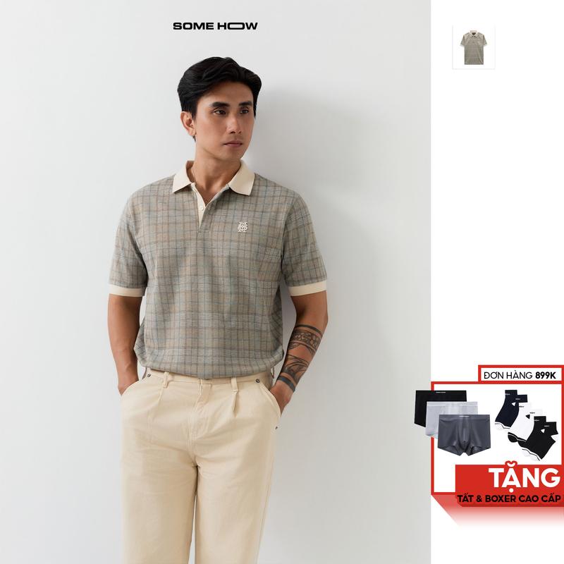 Áo Polo Nam Glen Beige Tone, Chất Vải Cotton Dệt Blend Thoải Mái, PL0058, SOMEHOW Menswear Top Có Cổ Ngắn Tay Nâu
