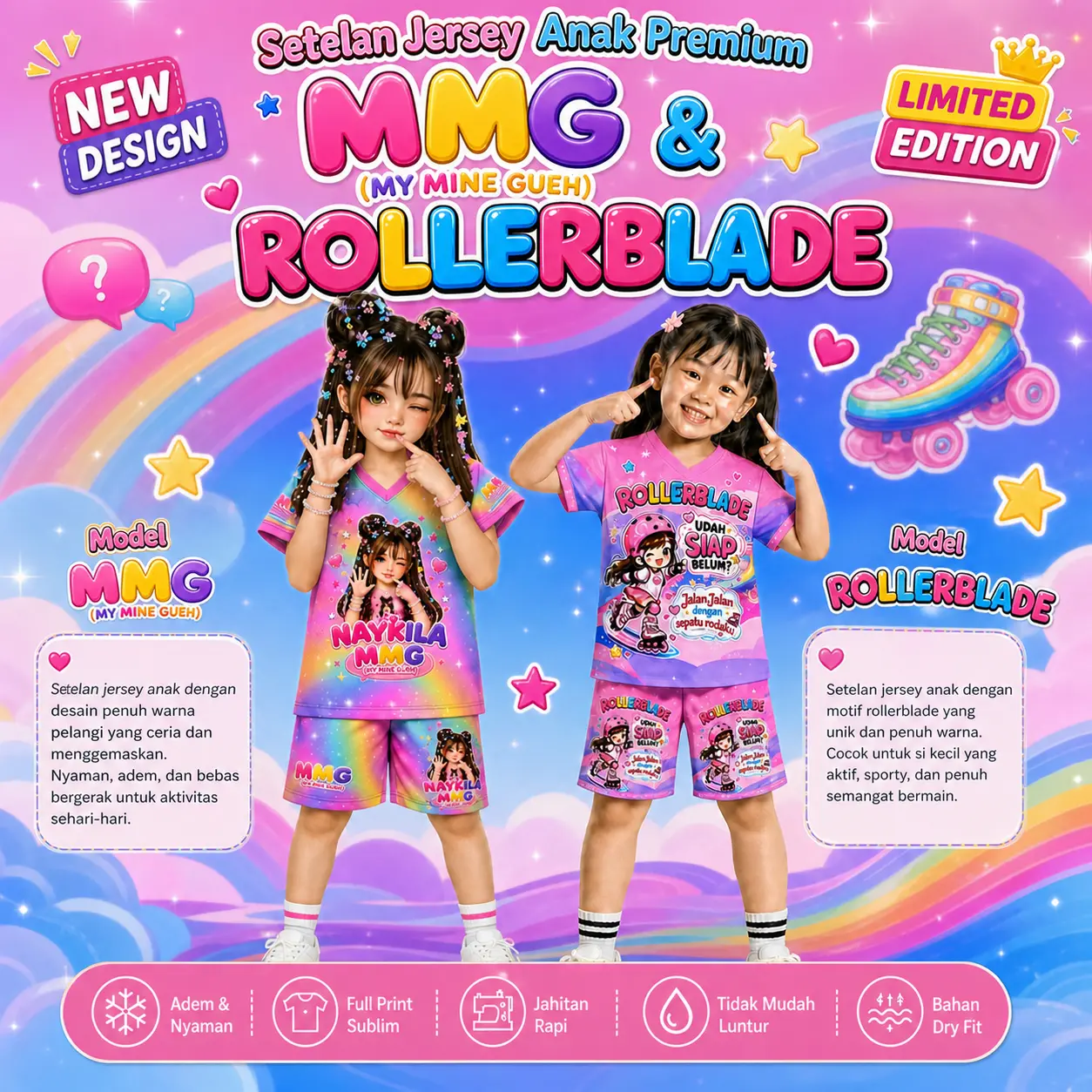 Stelan Jersey Perempuan Usia 4-11 tahun bahan dry fit Premium Edisi NAYKILLA MMG (My Mine Gueh),& Rollerblade 4-11 tahun bahan dry fit Premium full printing sublim/stelan jersey