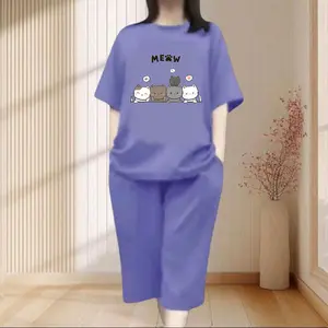 SETELAN KULOT DEWASA MOTIF "MEOWWW" BAHAN BABYTERRY PREMIUM CELANA 7/8 -DI BAWAH LUTUT