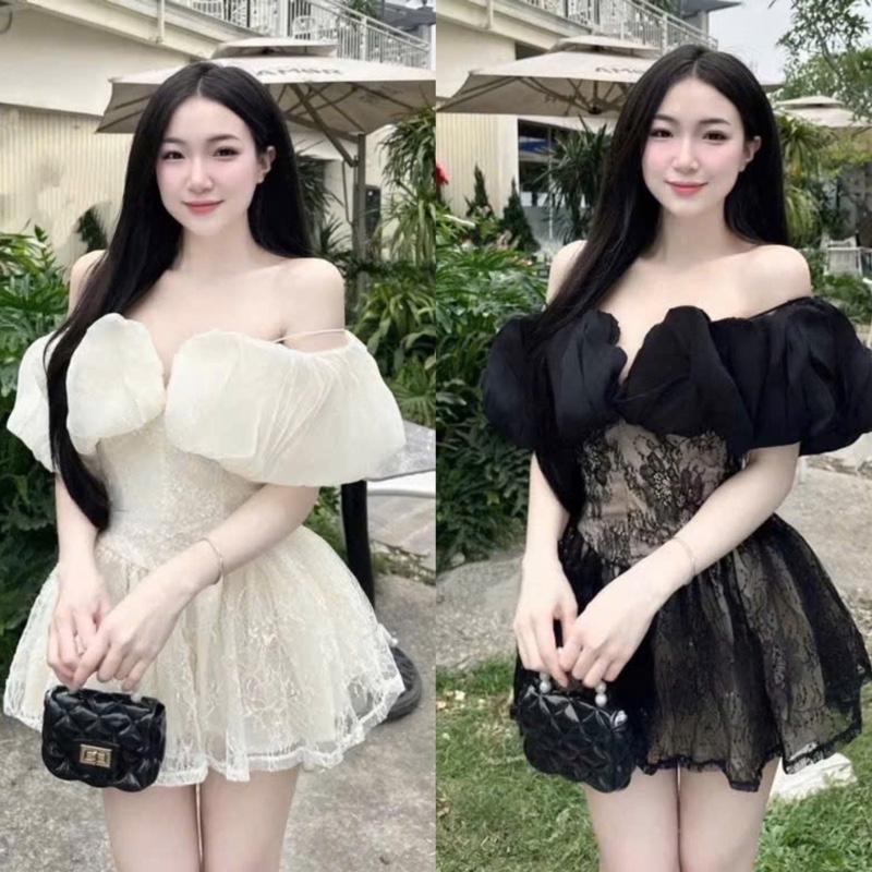   Hàng 4 lớp xoè bồng  Đầm xoè bẹt vai bèo bồng ren KÈM QUẦN kho sỉ hải chuyền Đ177 