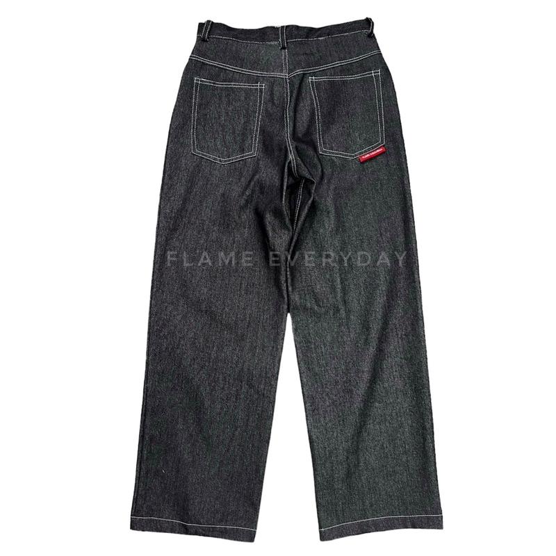 Product Introduction of Flame Everyday Celana Denim Y2K Baggy Wideleg Gombrong Raw Denim 13oz Hitam Jeans Panjang 54