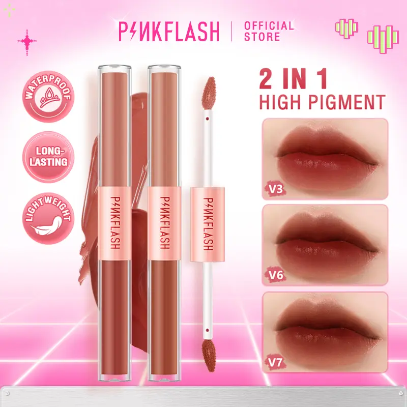PINKFLASH Gincu cecair matte dua hujung pewarna bibir baldu ringan pigmen tinggi tahan lama 2 dal am 1 PF-L13 Makeup Lipstik Lipstick