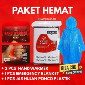 PAKET SURVIVAL HEMAT,Selimut tahan dingin,penghangat tangan,jas hujan camping  Outdoor Gunung