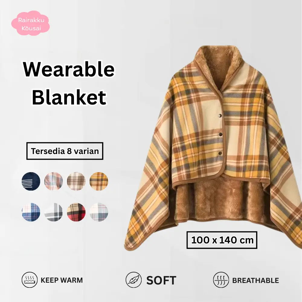 Rairakku Kousai Wearable Blanket Selimut Jubah Dewasa Jaket Multifungsi Stylish Hangat Lembut Ringan Halus Motif Bisa Dipakai Di Rumah Kantor Traveling