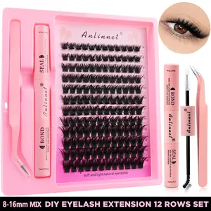 ANLINNET Kit Extension Bulu Mata 8-16mm Mix DIY Eyelash Extension 12 Rows Set dengan Lem Profesional & Pinset Gam Bulu Mata untuk Riasan Mata Natural dan Lebat