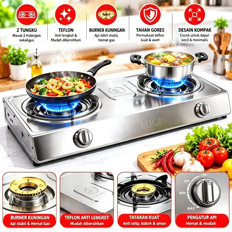 OMICKO Kompor Gas 2 Tungku KM-202 Bodi Stainless Steel, Burner Kuningan Api Biru Hemat Gas, Lapisan Teflon Anti Lengket, Tahan Lama Bersertifikat SNI Aman Untuk Dapur Rumah Siap Kirim BISA COD