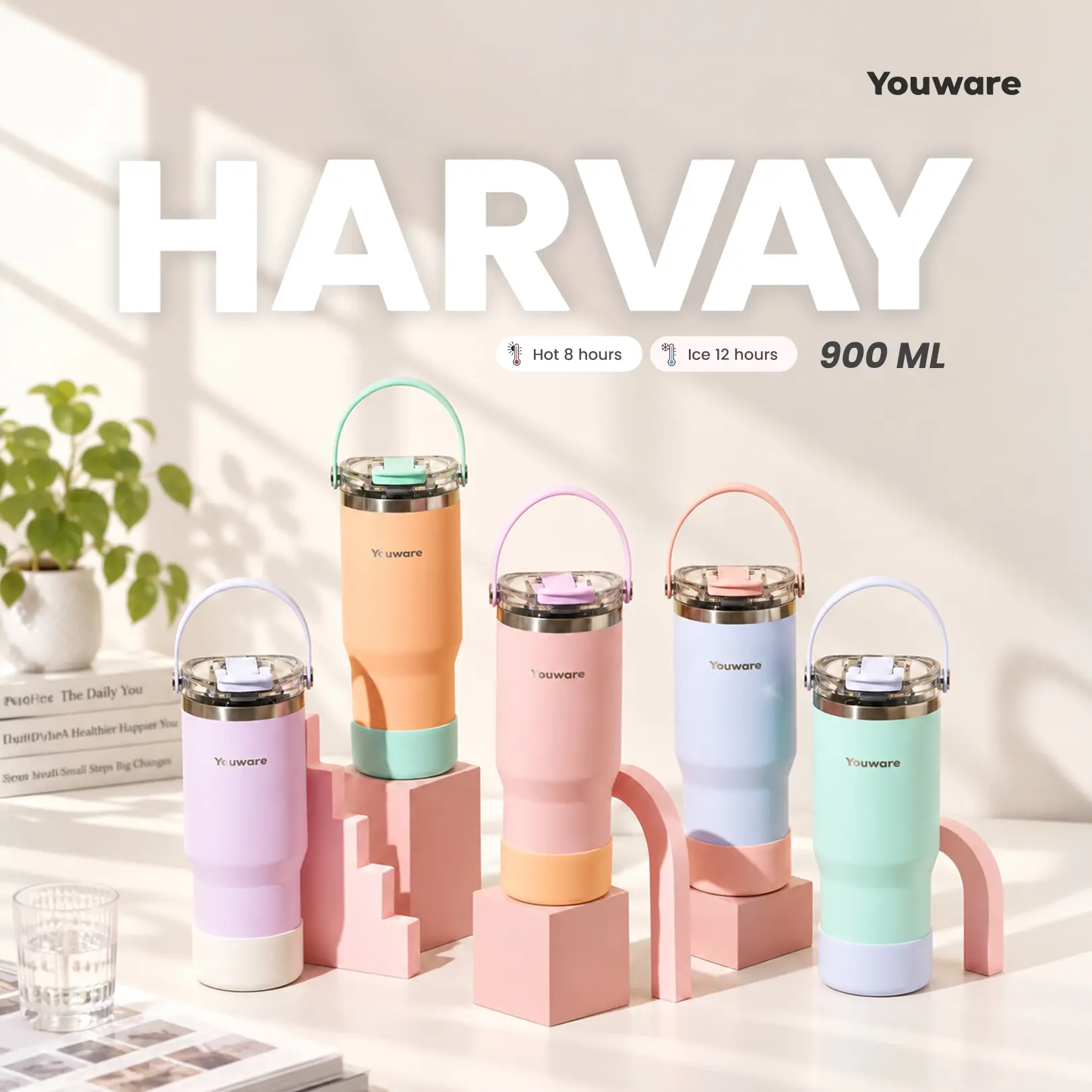 YOUWARE - Harvay Stainless Steel Tumbler 900 (ml) Hot and Cold BPA FREE / tumbler vacuum 0.9 Liter bisa Panas dan Dingin tahan dengan Handle Silicon nyaman dengan tutup yang dilengkapi dengan karet Silikon