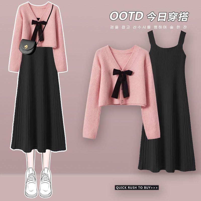 Product Introduction of Women's V-Neck Knitted Cardigan Sweater, Slim Joker Dress with Suspenders, Oversize, Autumn Suit, New, 2 Pcs, 2023 6