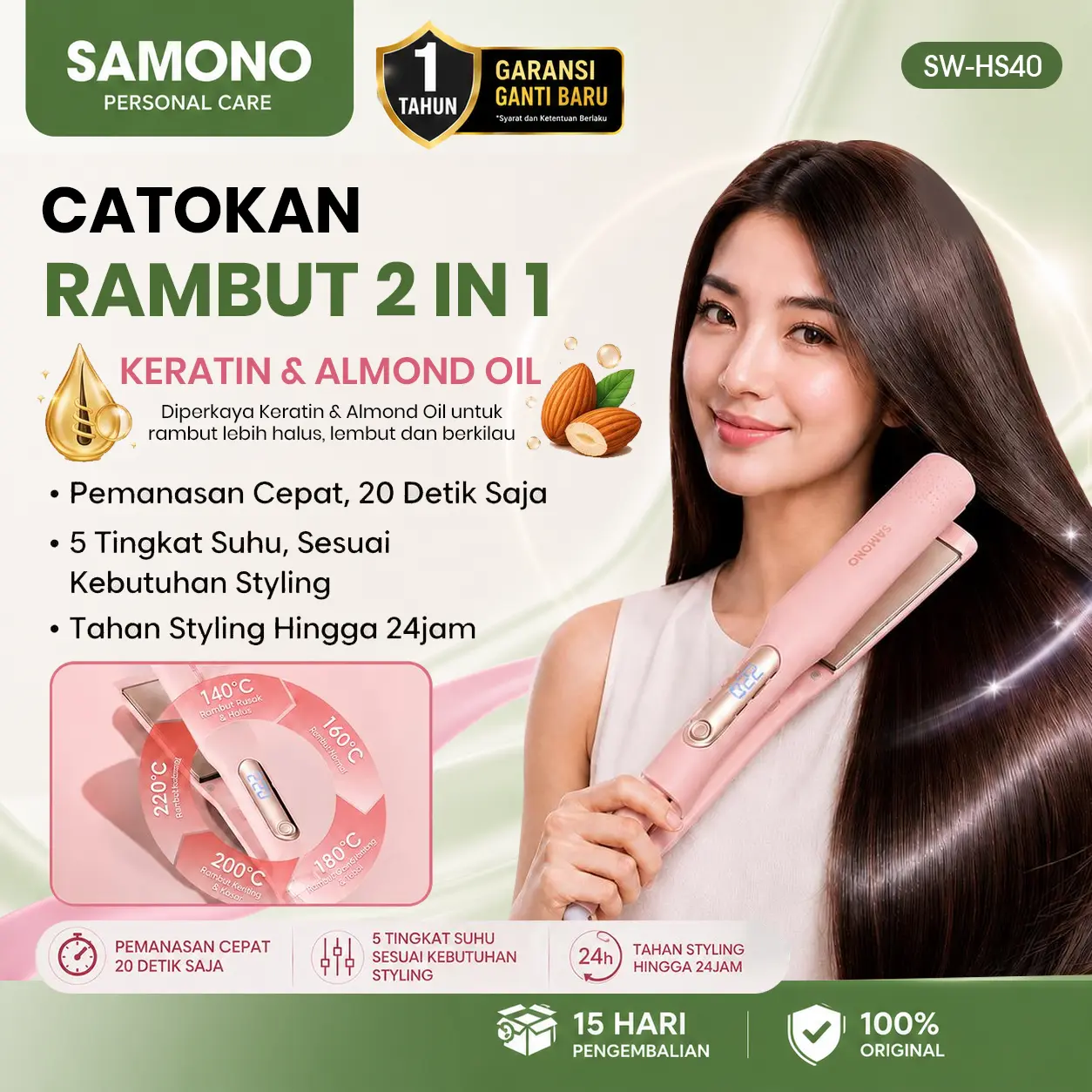 [FREE GIFT KARTU CARDFUN] SAMONO Catokan Rambut 2in1 SW-HS40 Pelurus dan Pengeriting Rambut LED Digital Display Plat Keramik Lebar 35mm Hair Straightener Curler Anti Panas 5 Tingkat Suhu Adjustable Safety Lock Auto Off Kabel Putar 360 Alat Styling Rambut