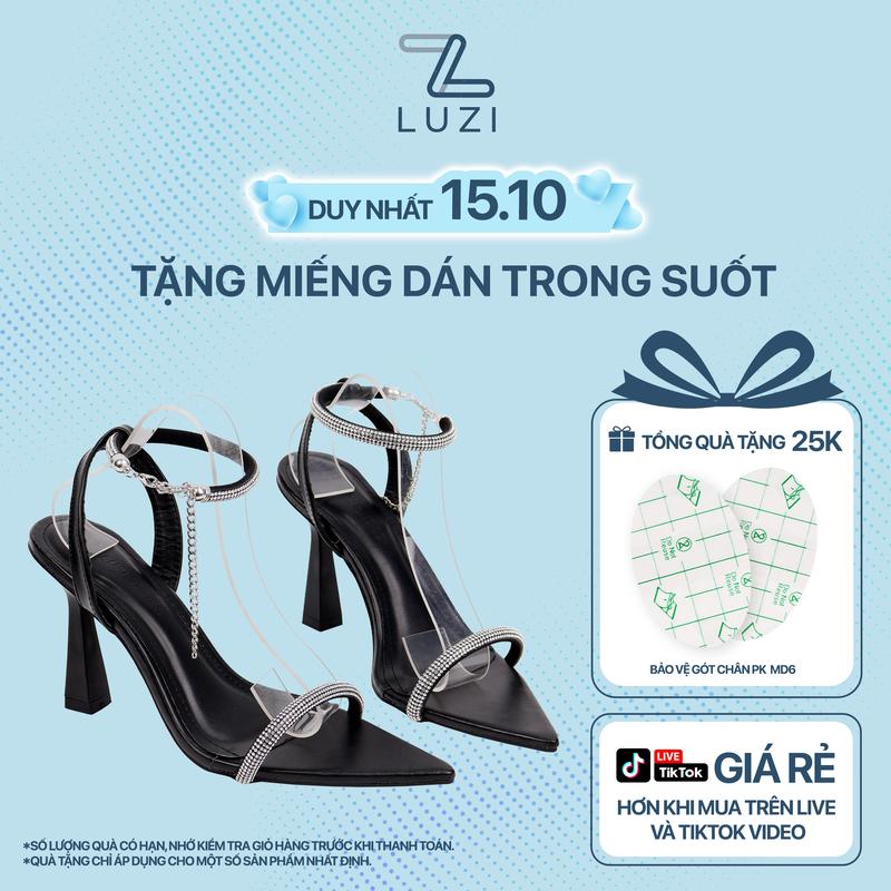[HÀNG FULLBOX] Giày cao gót nữ mũi nhọn 7p, Dép  nữ mũi nhọn đính đá dự tiệc Bling Bling, Sandal nữ quai đá xích mũi nhọn sang chảnh cao 9p Luzi Shoes m165