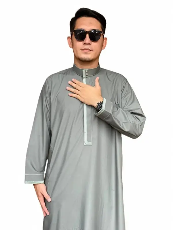 Jubah Gamis Reguler Pria Muslim Dewasa SOLLU 3 Lengan Cuff/Tanpa Kancing Bahan Katun Flat grey gamis  pria 7