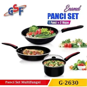 Panci Set Enamel GSF G-2630 Frypan Tutup kaca Wajan Wok Dan Saucepan