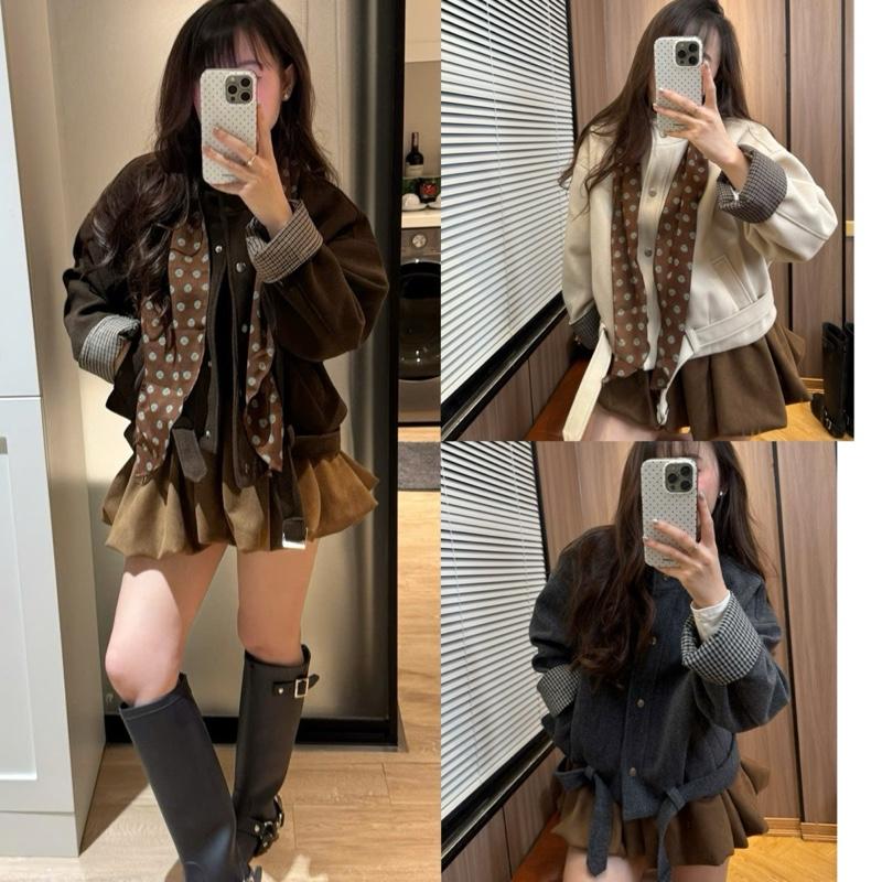  Áo Khoác Dạ Cúc Bấm Cổ Cao Phối Tay Kẻ Caro Kèm Đai style Ulzzang 3 màu siêu xinh-Dành Cho Nữ 