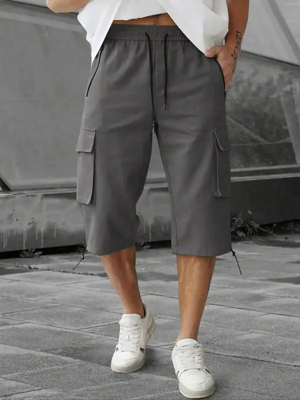 Men's Solid Multi-pocket Shorts, Regular Fit Street Style Casual Fashion Comfy Drawstring Waist Shorts for Summer, Men's Athleisure Bottoms for Daily Wear, Streetwear 3