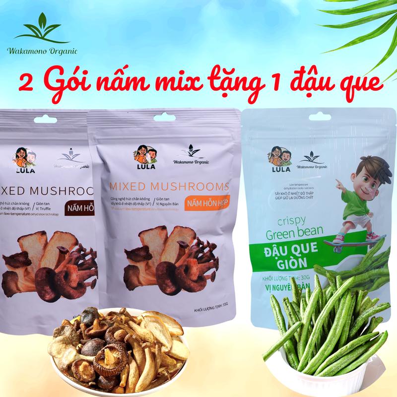 LIVE- MUA 2 NẤM MIX SẤY GIÒN (55g/gói) TẶNG 1 ĐẬU QUE (30g/gói)– Ăn vặt healthy – Giòn rụm từng miếng!, không dầu, ngọt tự nhiên.