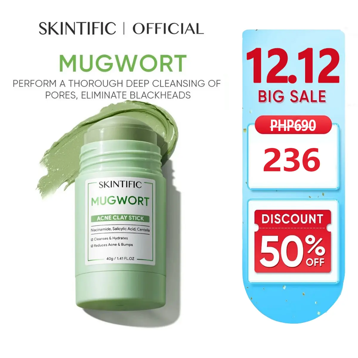 [TOP] SKINTIFIC Mugwort Clay Stick 40g Cleansing Clay Mask Anti Acne Calm Ance treat acne prone skin Facial Wash Cleansing Masker Green Mask Stick Skincare Calming Sensitive Skin Comfort Clear
