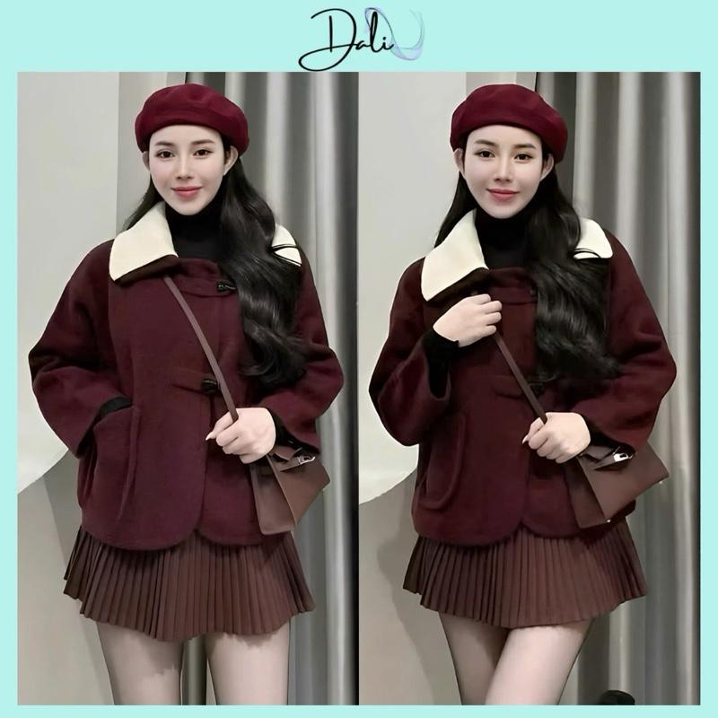  Áo Khoác Dạ Ép Màu Đỏ Đô 2 Lớp Phối Cổ Lông Khuy Sừng  Nhận Đặt Theo Yêu Cầu  