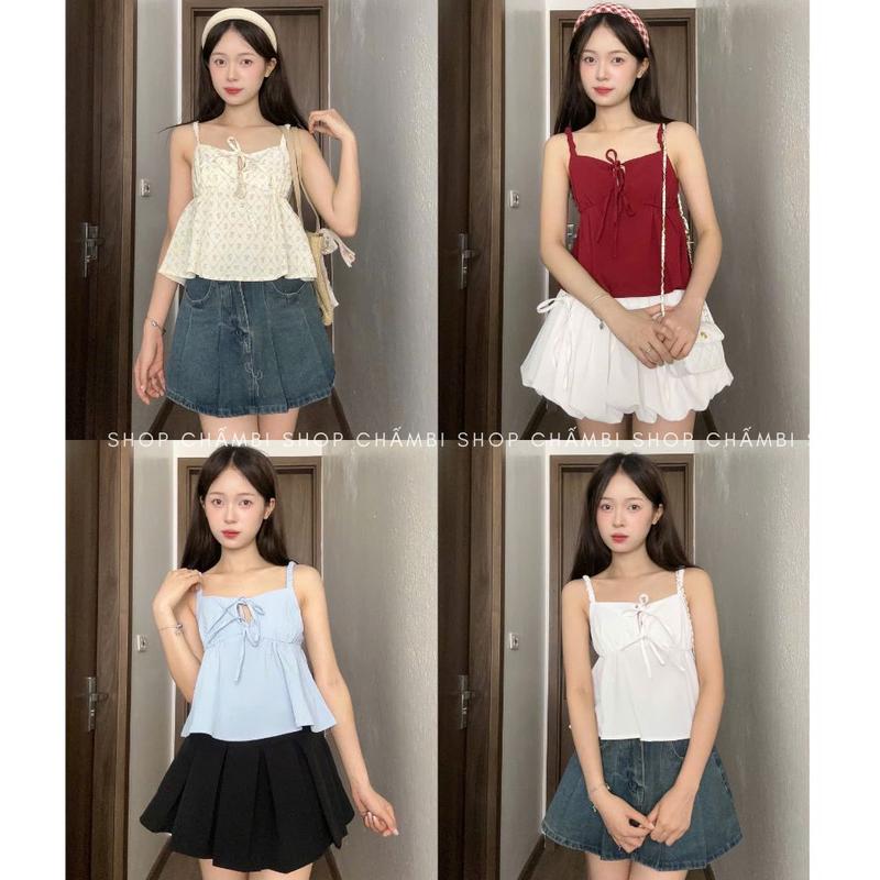 Áo hai dây A.743, Áo hai dây chun dáng babydoll 2 nơ cutout chun lưng dễ thương - Shop Chấm Bi