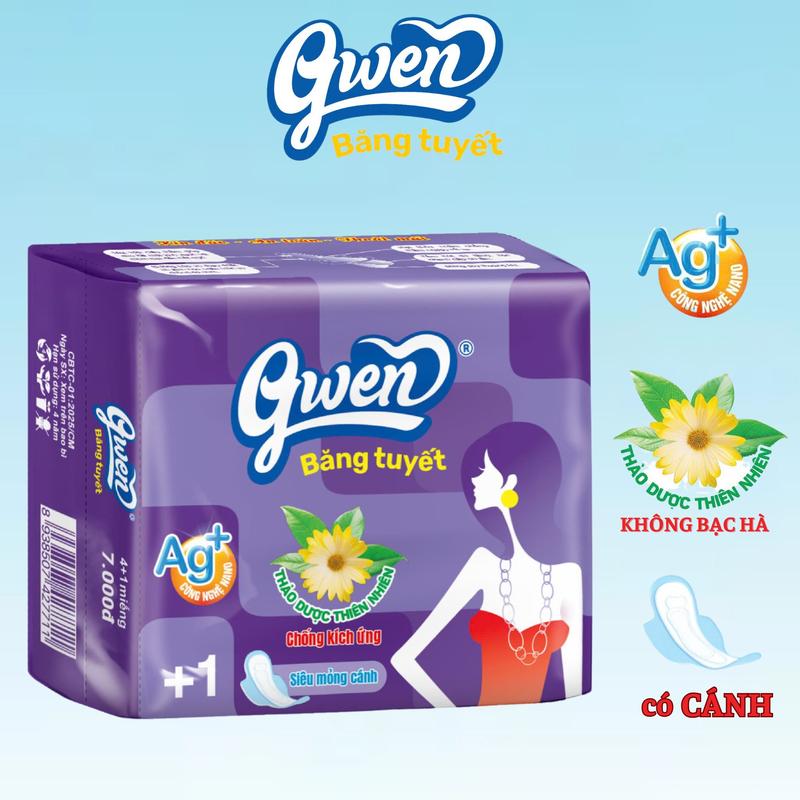 Băng vệ sinh GWEN Tím 5 miếng ban ngày, dài 23cm, CÓ CÁNH, mặt lưới, tampon, kháng khuẩn khử mùi kháng khuẩn Nữ