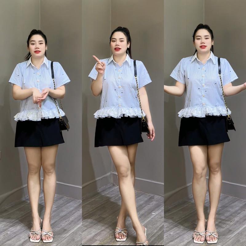 Áo Sơ Mi Xanh Nơ Phối Ren Tay Cộc Bigsize 55-95kg Cho Nữ Đi Chơi Dễ Mặc