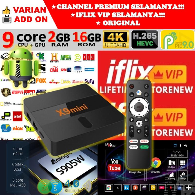STB Android 9 Smart TV Box Android X9 Mini Voice Remote Ram 2GB Rom 16GB 2/16 Unlock Full Channel TV Iflix Tanpa Bayar Bulanan GRATIS Amlogic S905W Quad Core Bluetooth 1