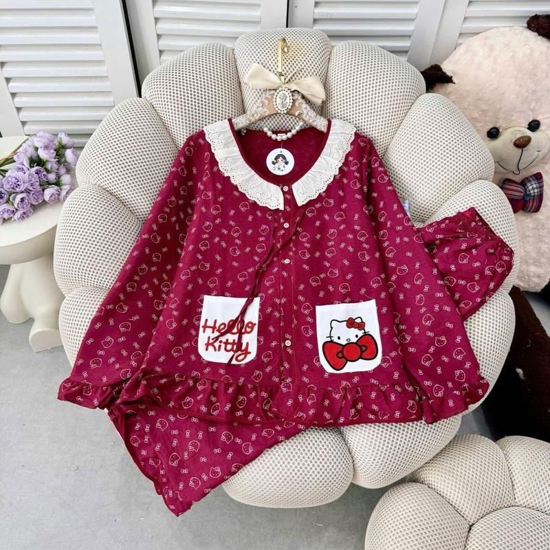   FROM RỘNG  Bộ ngủ pijama tiểu thư hipeestore đũi mềm mỏng nhẹ 2 túi áo quần ống loe cổ bèo phối ren xinh yêu. 