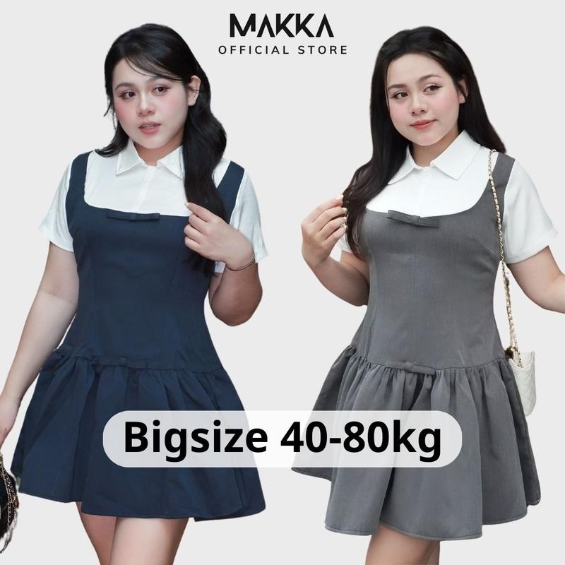 Đầm nữ thiết kế MAKKA váy cổ yếm phối sơ mi trắng cộc tay đính nơ dáng xoè tiểu thư 5005