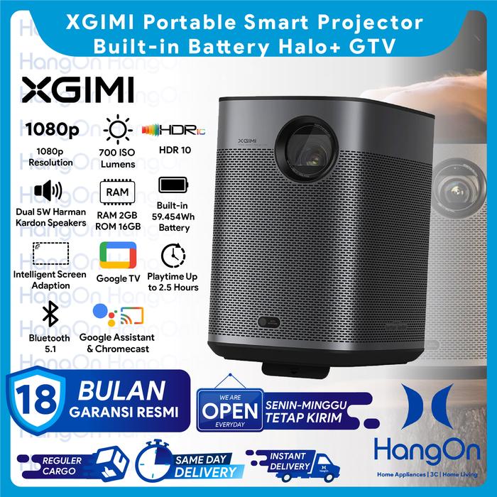 Gambar XGIMI New Halo+ NEW GTV Portable FHD Smart Projector Built-in Battery 59.454Wh Playtime Up to 2.5 Hours 1080p Proyektor DLP GoogleTV 700 ISO Lumens HDR10 Intelligent Screen Adaption RAM 2GB ROM 16GB Dual 5W Harman Kardon Speakers 900ANSI dari HangOn Official Store Kota Tangerang Tokopedia