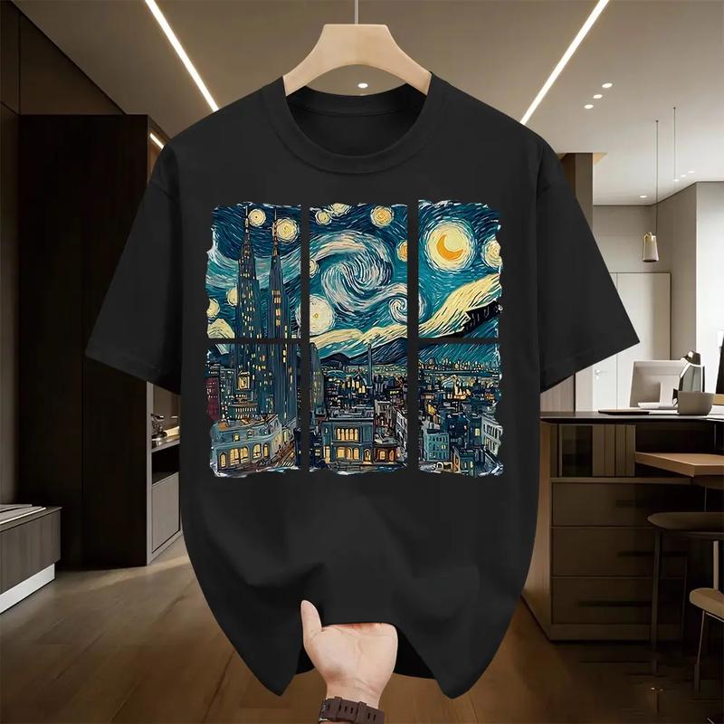 Áo thun nam cổ tròn, kiểu rộng rãi, in họa tiết tranh "Đêm đầy sao" Van Gogh kết hợp thành phố