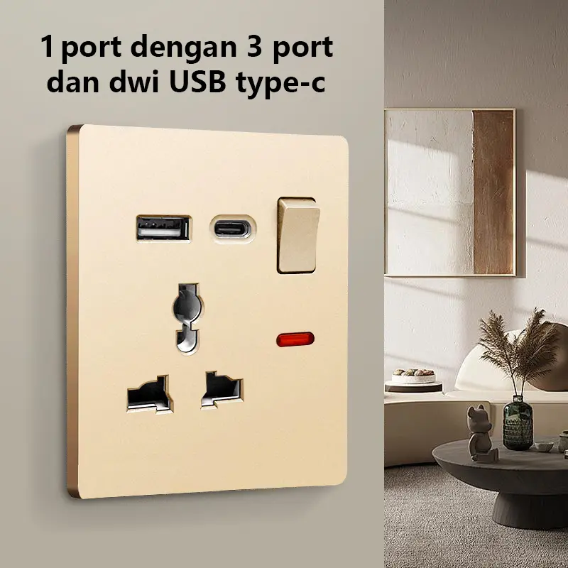 1 port dengan 3 port dan dwi USB type-c emas