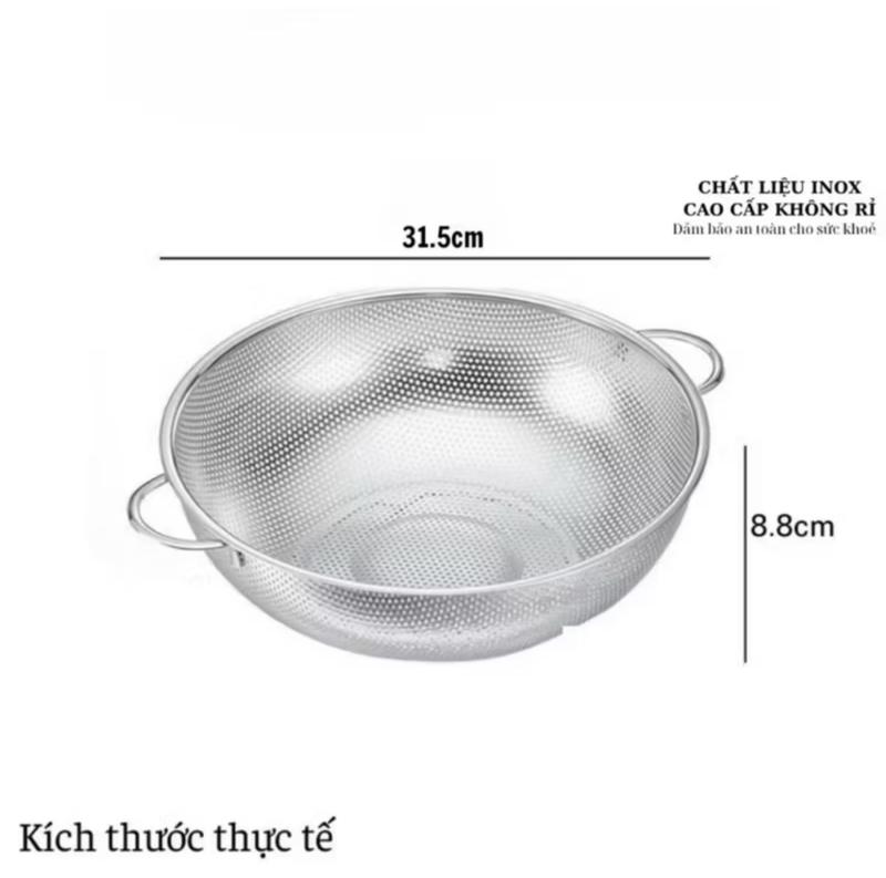 Combo 3 Rá Rổ Lưới Inox Cao Cấp Cỡ Lớn 32Cm Có Tai Mắt Lưới 2mm Có Chân Đế Thoát Nước Dùng Rửa Rau Vo Gạo