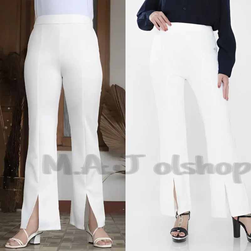 Wide leg Cutbray pants scuba hitam dan putih / celana wanita cutbray cubit split kain scuba