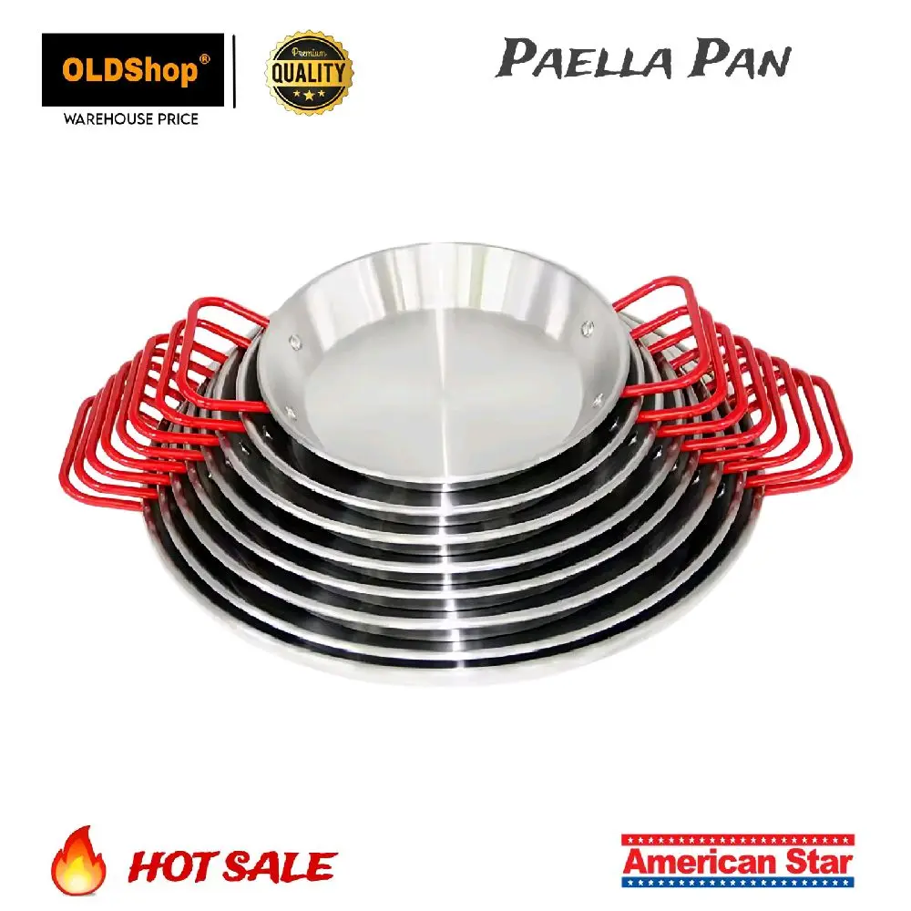 Stainless Steel Spanish Paella Pan with Red Handle, Sizes 20 to 34cm, Round Shape, Durable for Stovetop, Oven or Grill