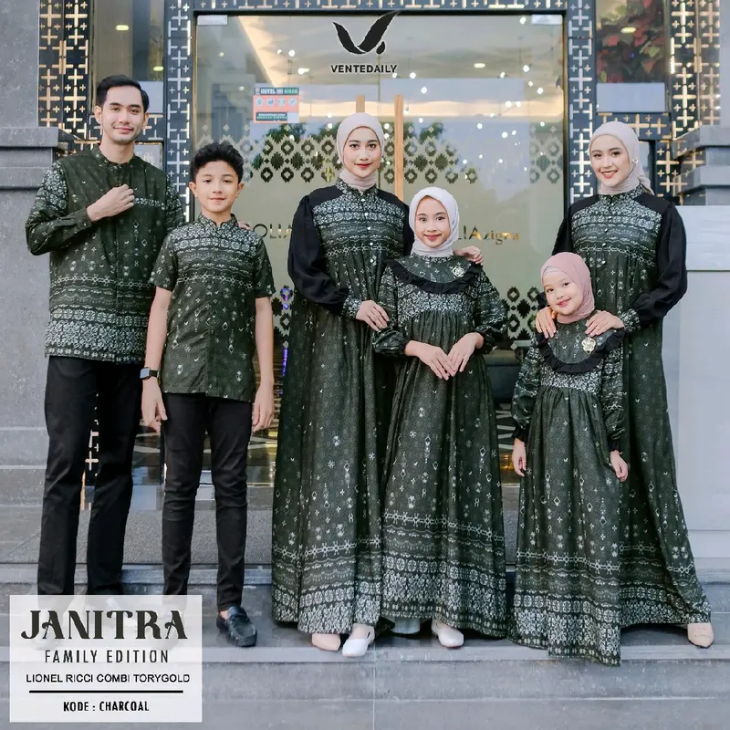 SISOL - JANITRA FAMILY SET SERIES ORI VENTEDAILY 2025 - Baju Seragam Sarimbit Lebaran Idul Fitri Idul Adha Halal Bihalal Keluarga Dress Dewasa dan Anak + Kemeja Koko Dewasa dan Anak Kembaran Motif dan Bahan Leonel Ricci mix Torygold Premium Ekskulif 2