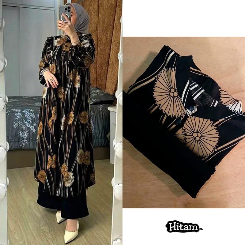 MONICA STELAN LONG TUNIK DAN CELANA ONESET ATASAN DAN CELANA NYAMAN SIMPLE MEWAH DAN ELEGAN OUTFIT DAILY COCOK UNTUK SEMUA MUSIM TUNIK FULL MOTIF CELANA POLOS Crinkle Airflow Muslim Panjang Setelan Rayon Diamond 5