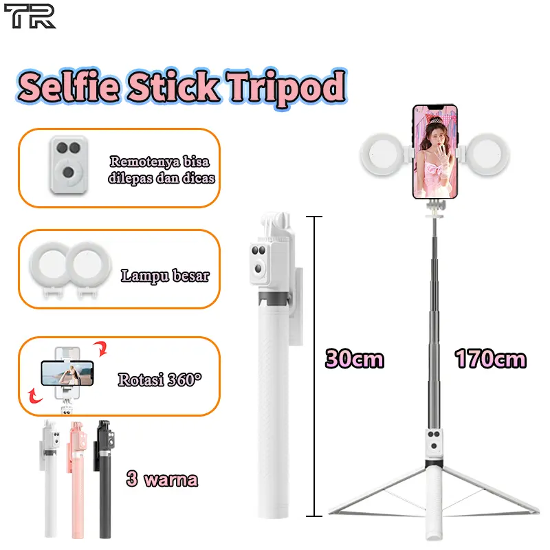 Trbest A12 170cm Tripod Tongsis Selfie Stick Lampu LED Besar Dengan 7 Tombol Remote Bluetooth HP Holder Tripod Portable 0