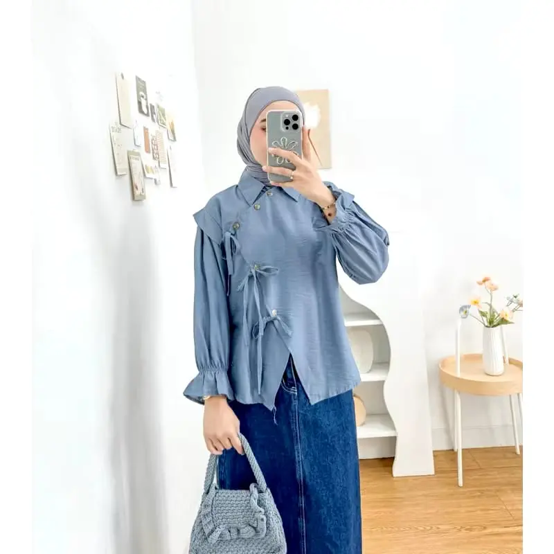 Alma Blouse Kemeja Polo Linen Tali Serut Busui Wanita Otdd Korea Style