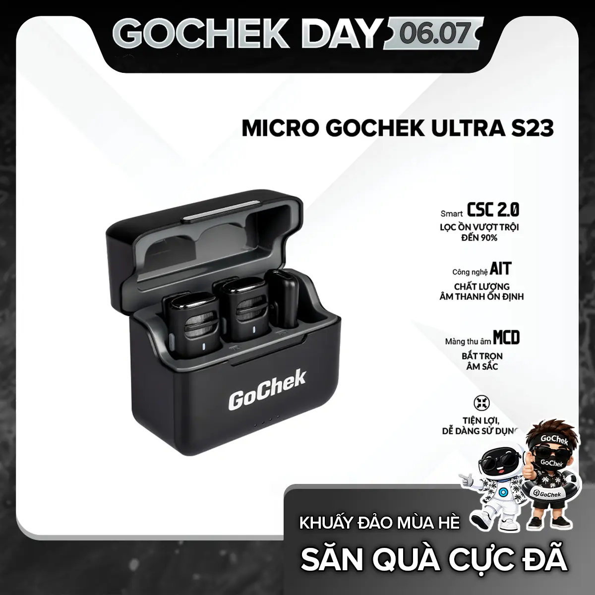 Micro thu âm không dây GoChek S23 CÓ DOCK SẠC | Khử tiếng ồn phù hợp live/ quay video/ ghi âm cho điện thoại/máy tính GC-C/D GoChek S23