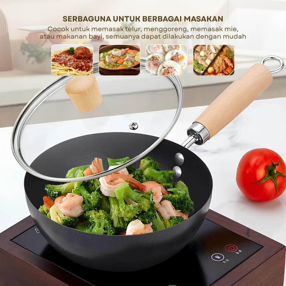 [CECE KETAR KETIR] PO 30 HARI Funnycook Wajan Stainless Honeycomb Wajan Penggorengan Serbaguna Stainless Steel Dengan Tutup Kaca dan Gagang Kayu Anti Panas Kitchenware