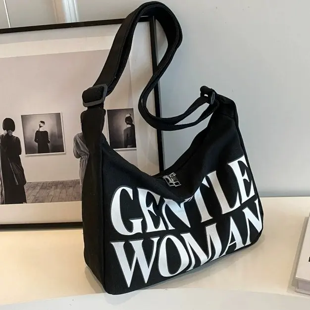 Gentlewoman-printed canvas bag for men, shoulder bag with diagonal straddle, with zipper, black and white women crossbody bags
