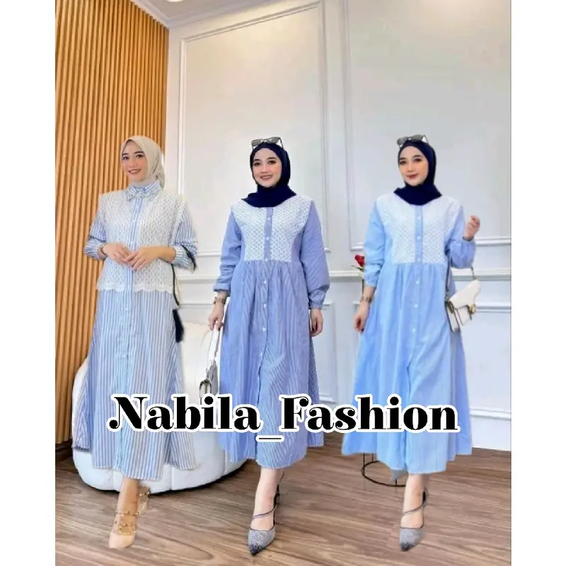 Long dress Tunik wanita Burkat Terbaru/Dress Tunik salur Ful kancing Kekinian/Tunik dress midi motif kombinasi Burkat Premium 8