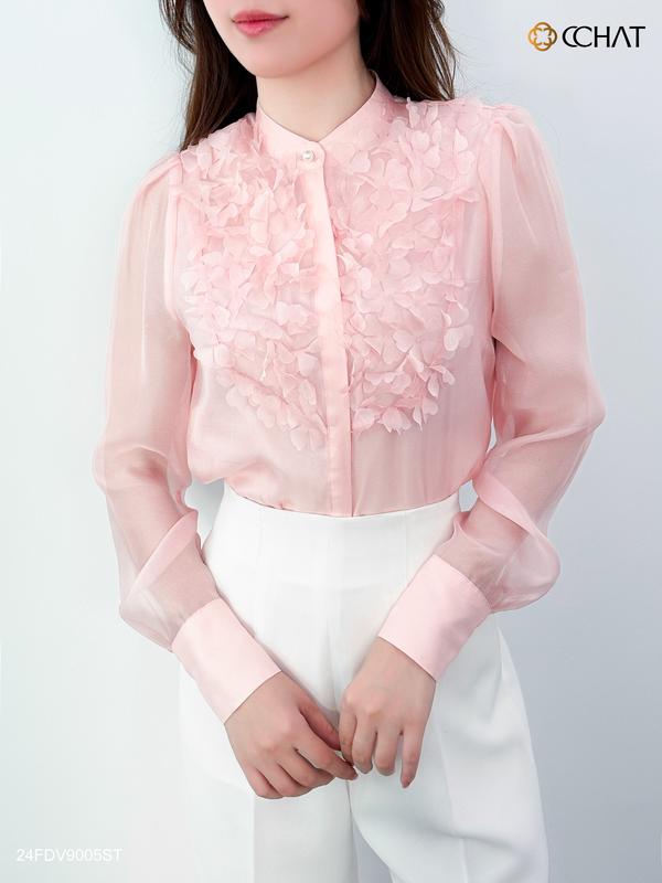Áo Sơ Mi Nữ CCHAT Dáng Suông Đính Hoa Lazer Chất Voan 24FDV9005ST