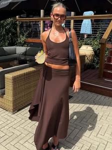 Conjunto de verano para mujer: top sin mangas con lazo y falda larga ajustada con abertura; conjunto de 2 piezas sexy, espalda descubierta, halter con cordones, top corto con volantes; atuendo casual para fiestas y clubes.
