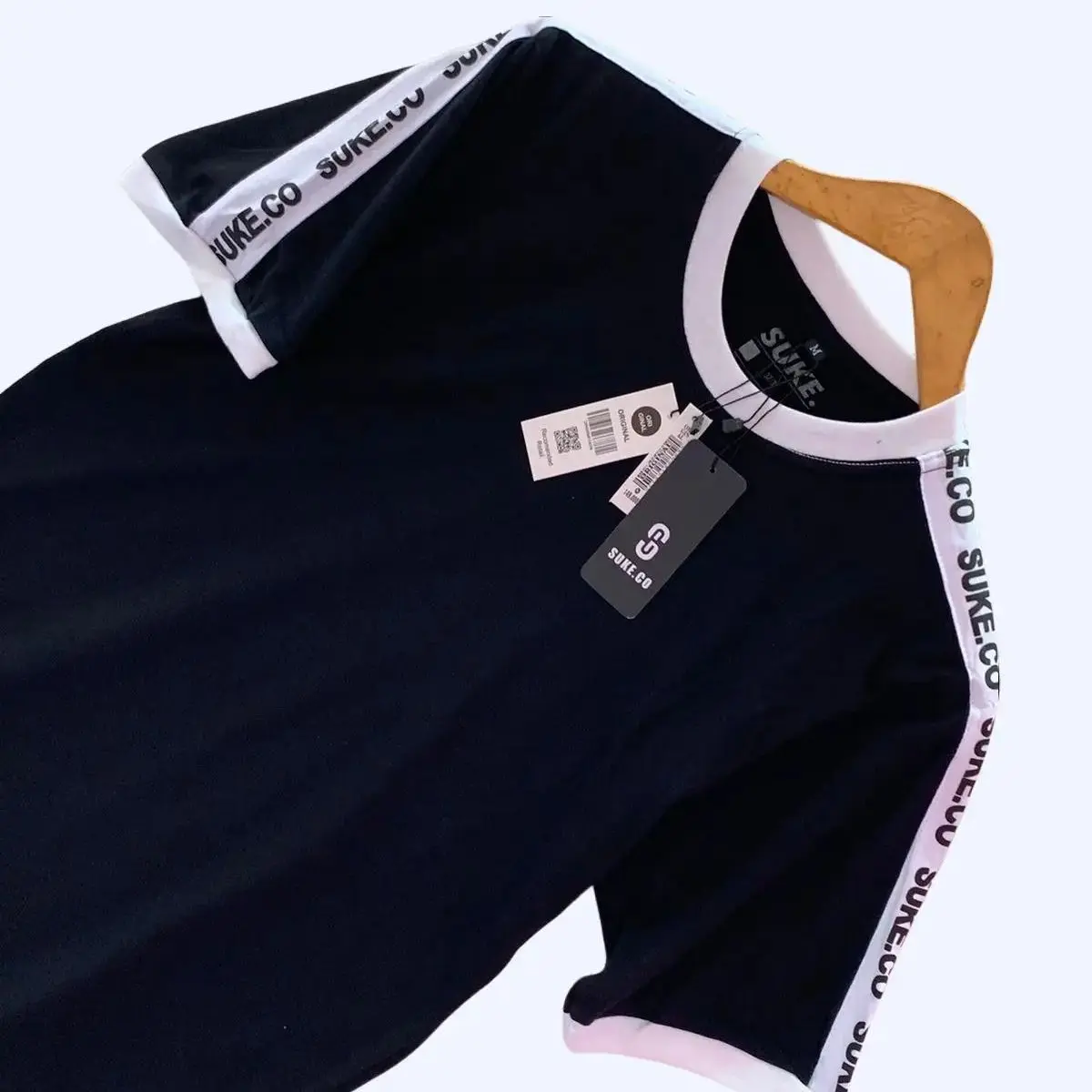 SUKE-CO kaos stripe bahu hitam-baju hitam pria dewasa premium 100% katun tebal adem